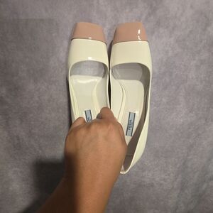 Prada Women's Cream and Blush Cap-Toe Patent Leather Flats